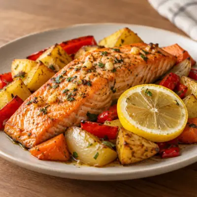 Saumon rôti aux légumes facile et familial