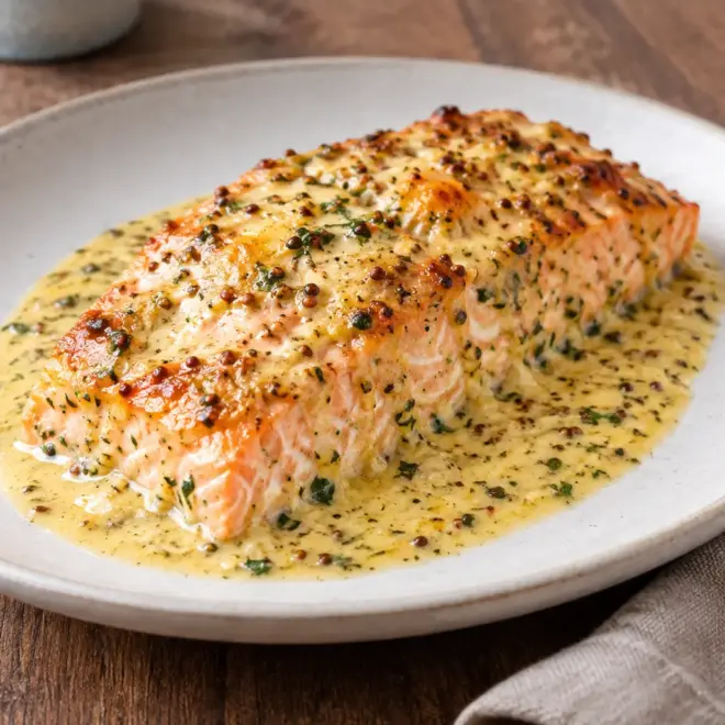 Saumon rôti, sauce crémeuse et surface gratinée