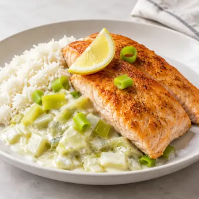 Saumon sauce crémeuse aux poireaux et riz