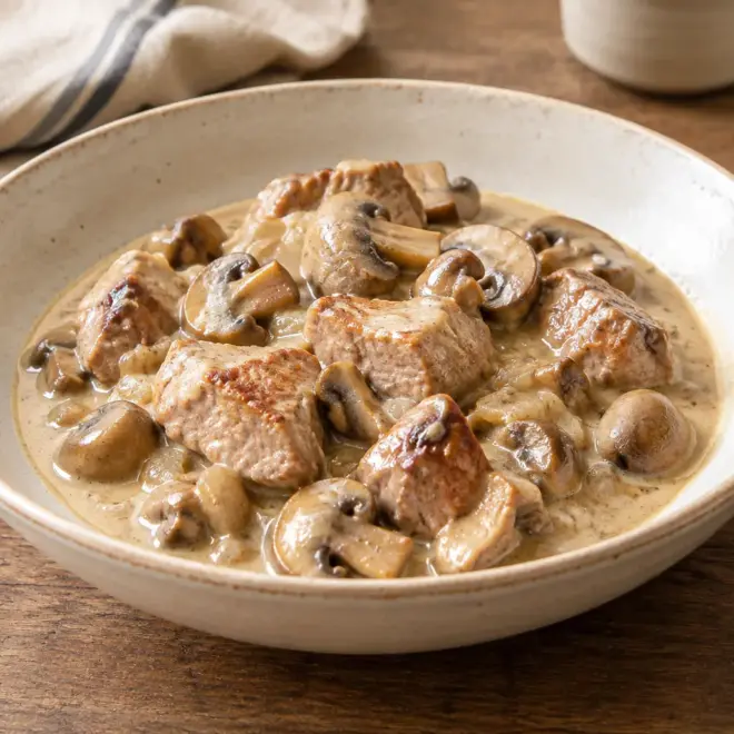 Sauté de veau aux champignons, crémeux et doré