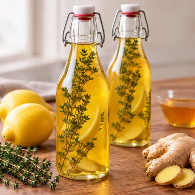 Sirop de thym maison, doré et parfumé au miel