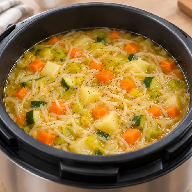Soupe de légumes aux nouilles, bouillon doré et légumes fondants
