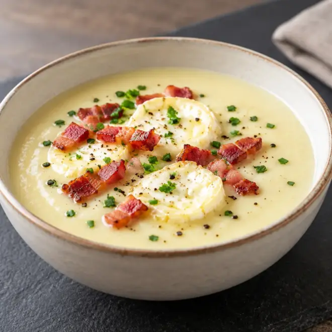 Soupe de poireaux facile au bacon et chèvre