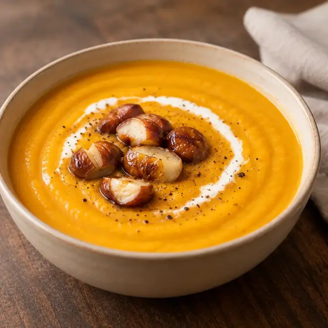 Soupe de potiron aux châtaignes, veloutée et dorée