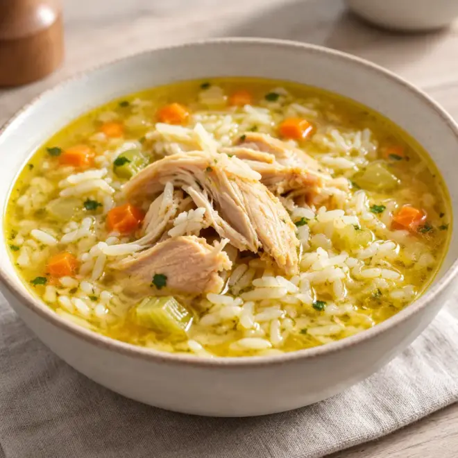 Soupe de poulet et de riz facile et familiale
