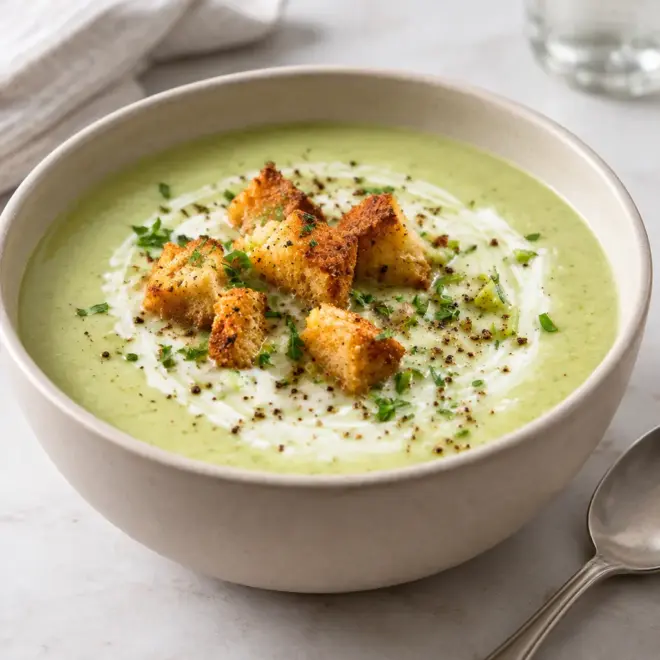 Soupe verte veloutée, lisse, crémeuse et bien dorée