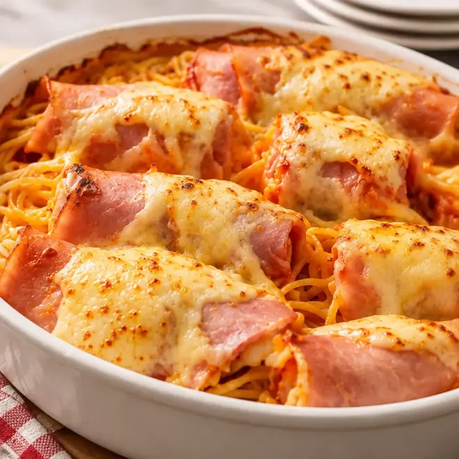Spaghetti au four : roulés au jambon gratinés