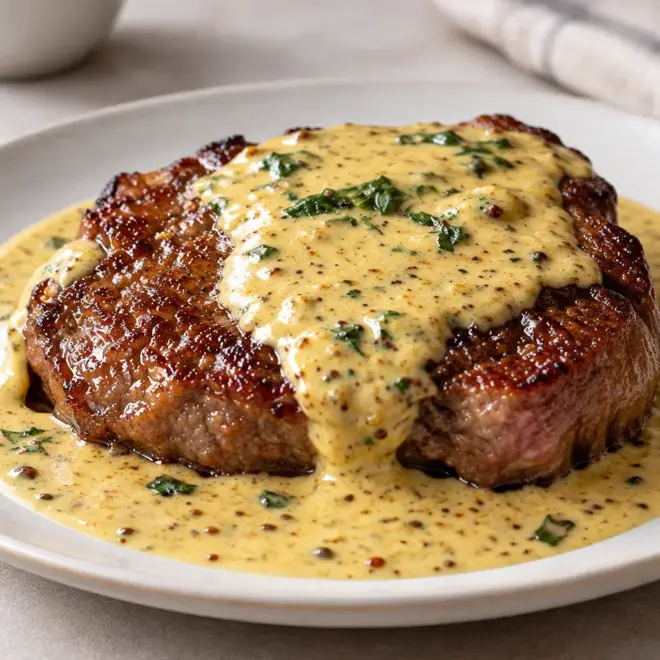 Steak à la moutarde, sauce crémeuse et viande rosée