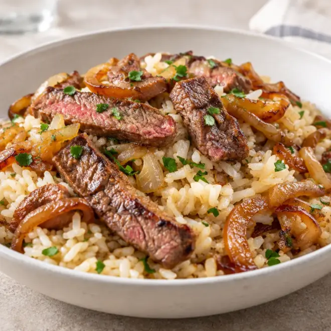 Steak riz oignons caramélisés facile et familial