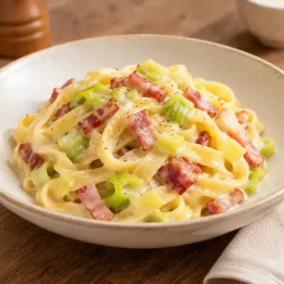 Tagliatelles crémeuses aux lardons et poireaux