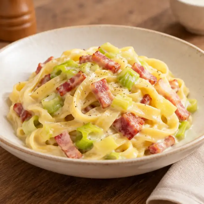 Tagliatelles crémeuses aux lardons et poireaux