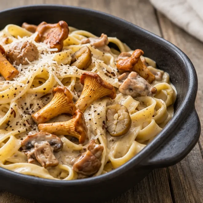 Tagliatelles fraîches recette aux girolles et châtaignes