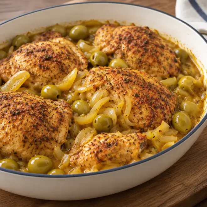 Tajine de poulet aux olives, fondant et doré