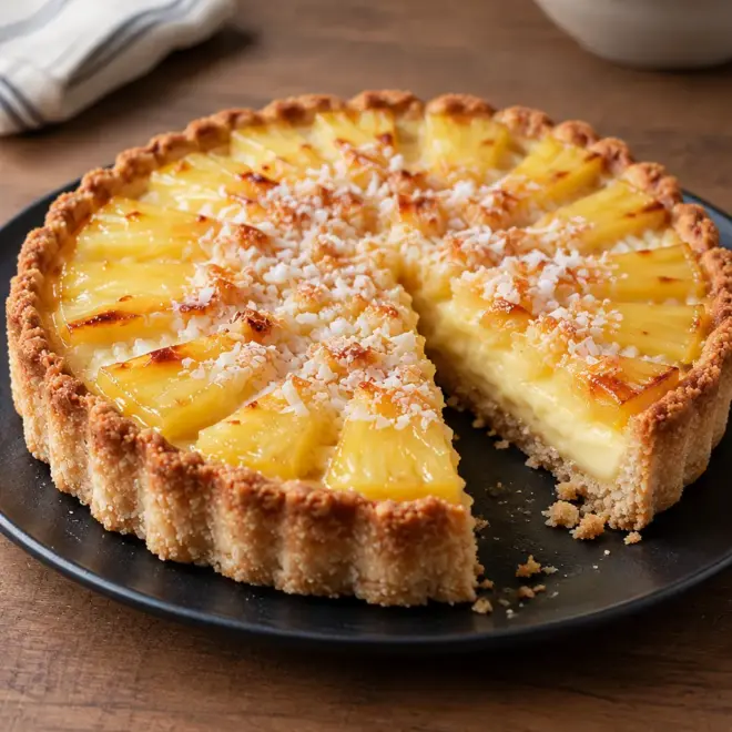 Tarte à l’ananas et à la noix de coco, fondante et dorée