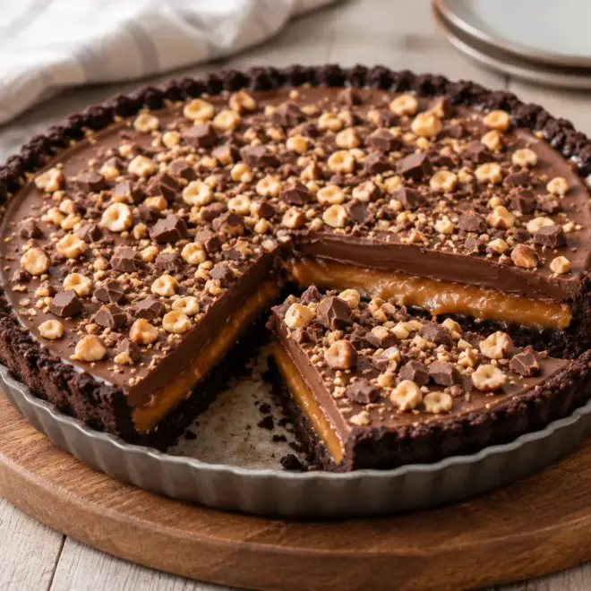 Tarte au chocolat : caramel et ganache brillante