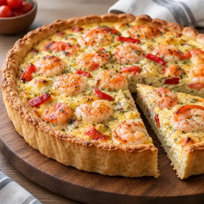Tarte aux crevettes, poireaux et crème fraîche