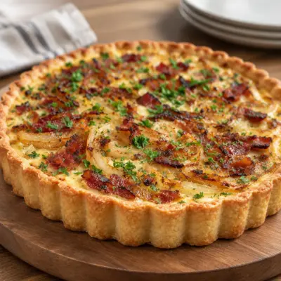 Tarte aux lardons, oignons caramélisés et crème
