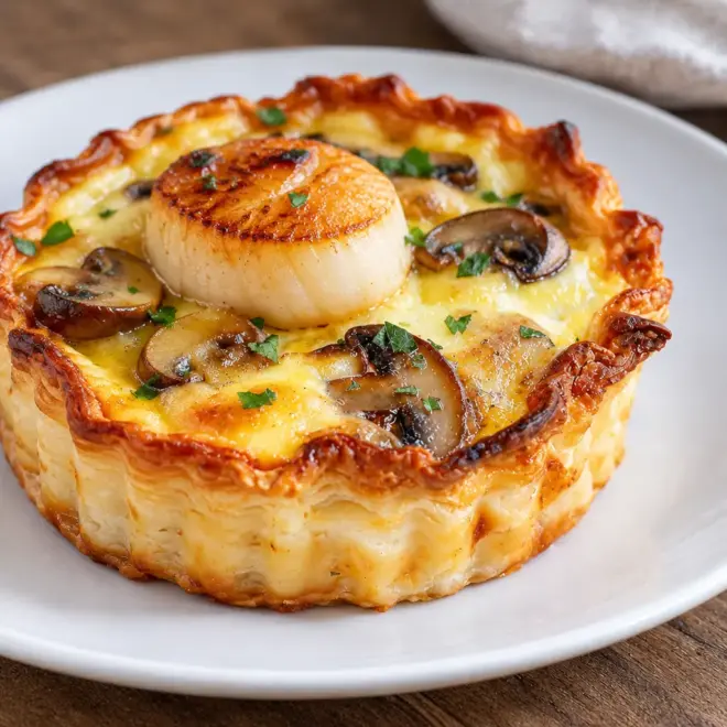 Tarte feuilletée aux Saint-Jacques et champignons