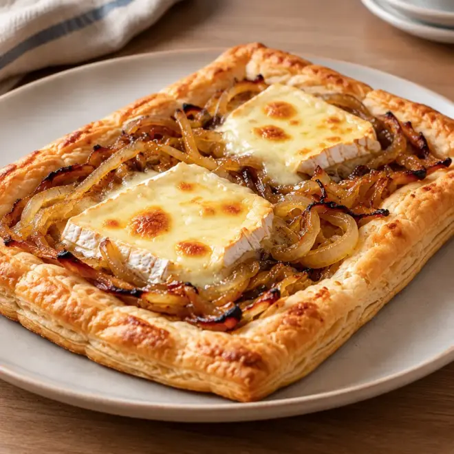 Tarte feuilletée oignons caramélisés et fromage