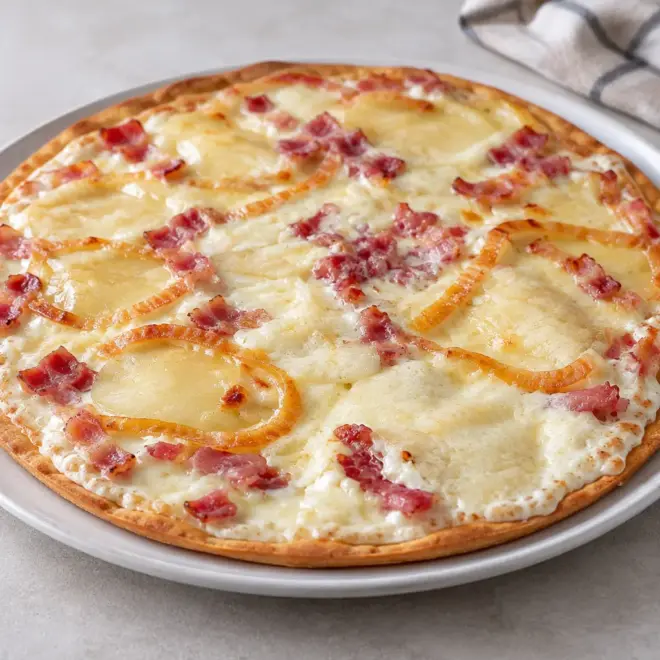 Tarte flambée recette, bacon et pommes de terre