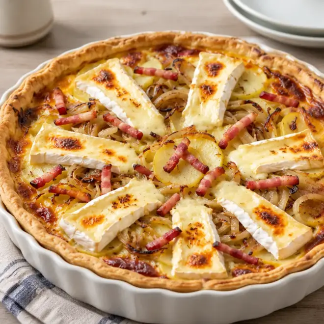 Tarte pommes de terre lardons et brie facile