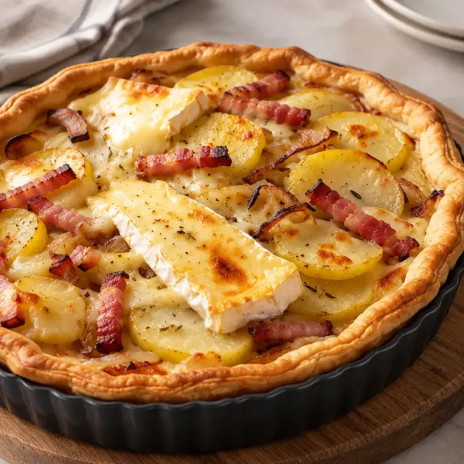 Tarte rustique pommes de terre bacon brie facile