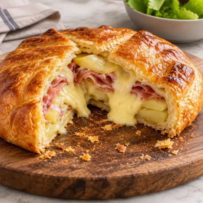 Tarte rustique pommes de terre, jambon et fromage