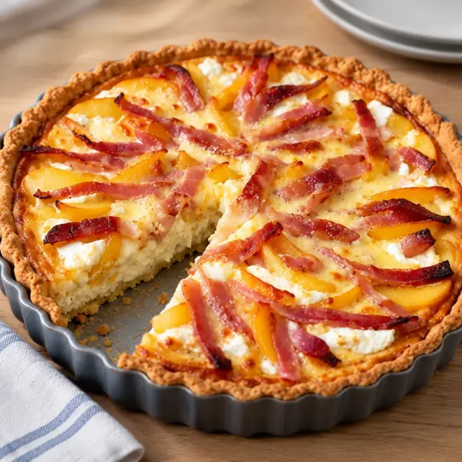 Tarte salée aux pêches, bacon et fromage blanc
