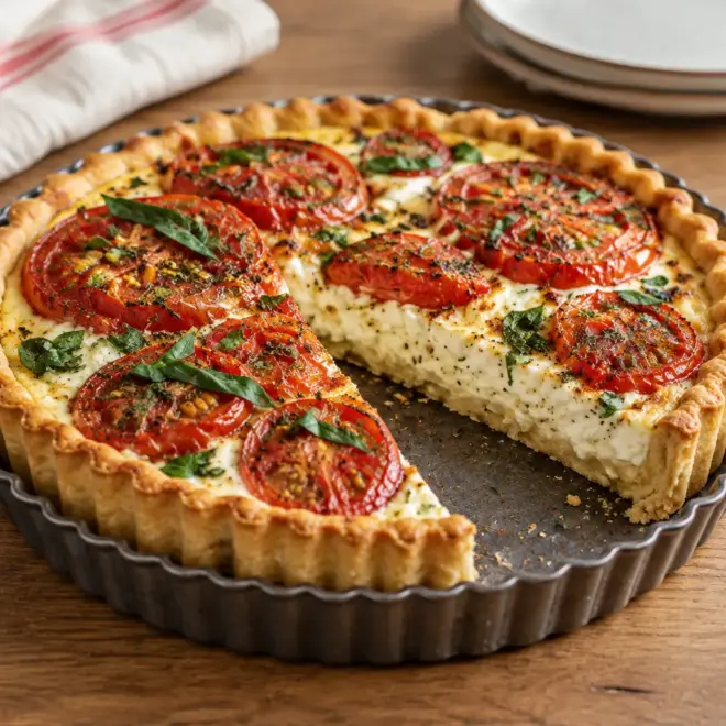 Tarte salée aux tomates, crémeuse et bien dorée