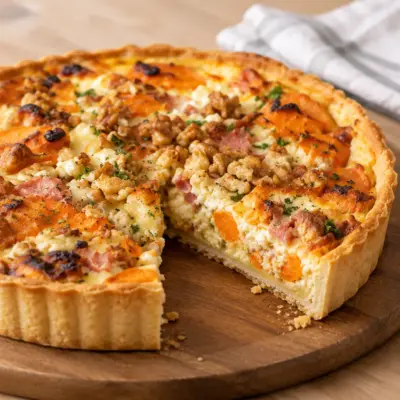 Tarte salée patates douces, lardons et noix