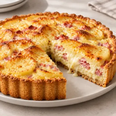 Tarte salée pommes de terre, jambon et fromage