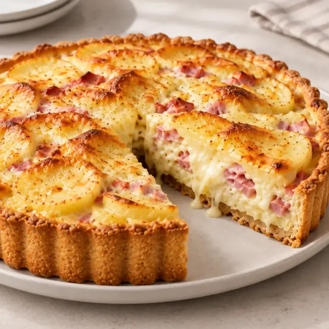 Tarte salée pommes de terre, jambon et fromage