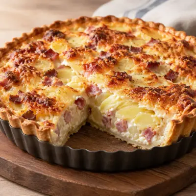 Tarte salée pommes de terre, lard et fromage