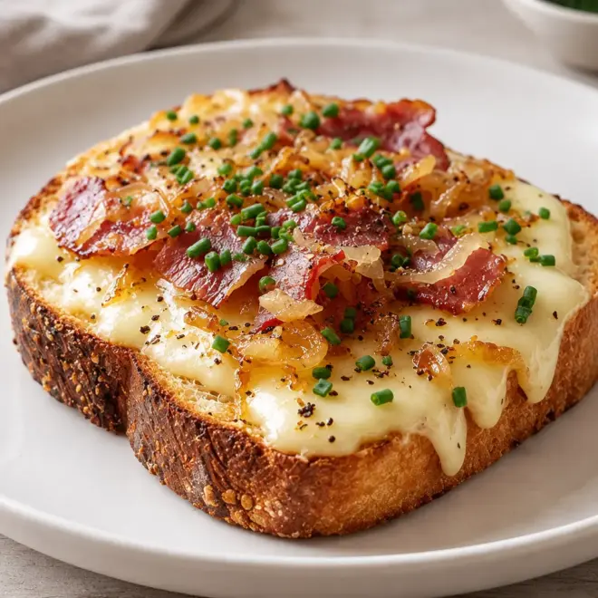 Tartines gratinées : fromage, pancetta et oignons