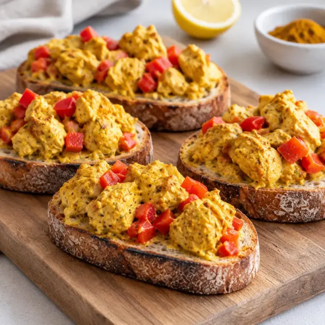 Tartines de poulet au curry, croustillantes et fraîches