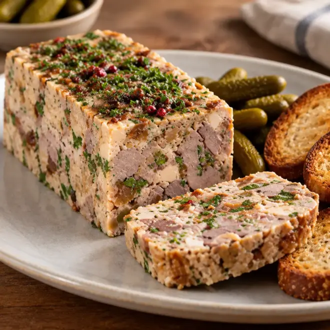 Terrine de canard au foie gras, dense et fondante