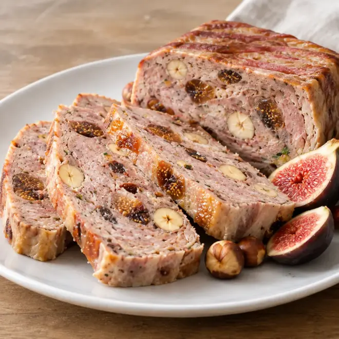 Terrine de canard aux figues, dense et bien dorée