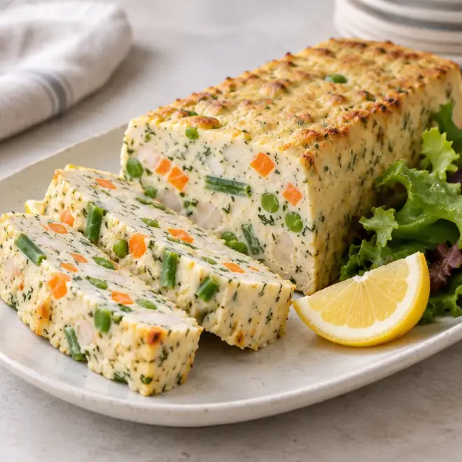 Terrine de poisson aux légumes, tendre et bien dorée