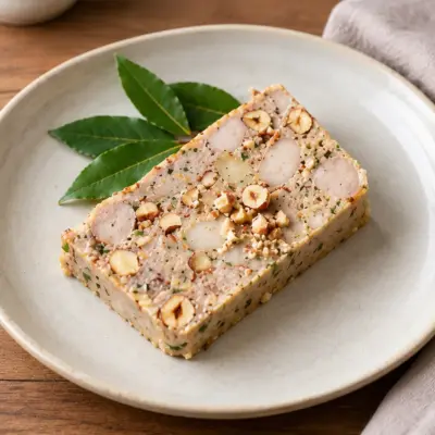 Terrine de saucisse blanche, pommes et noisettes