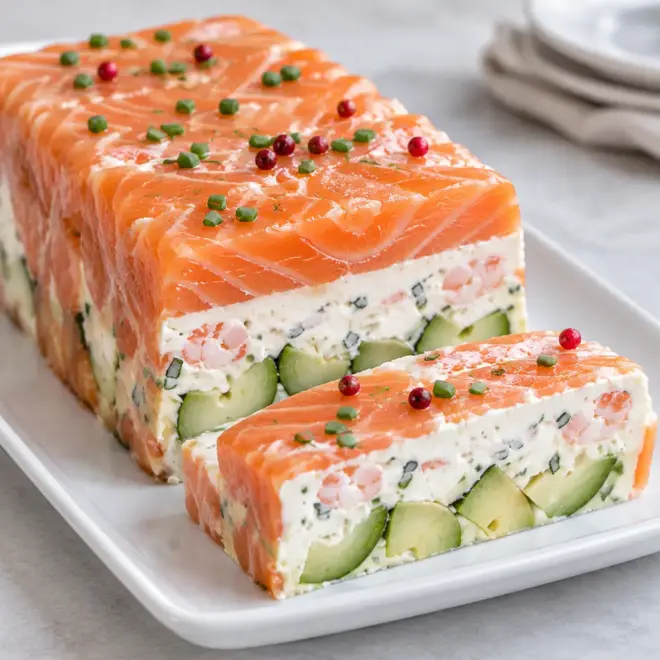 Terrine froide de saumon aux crevettes, fraîche et fondante