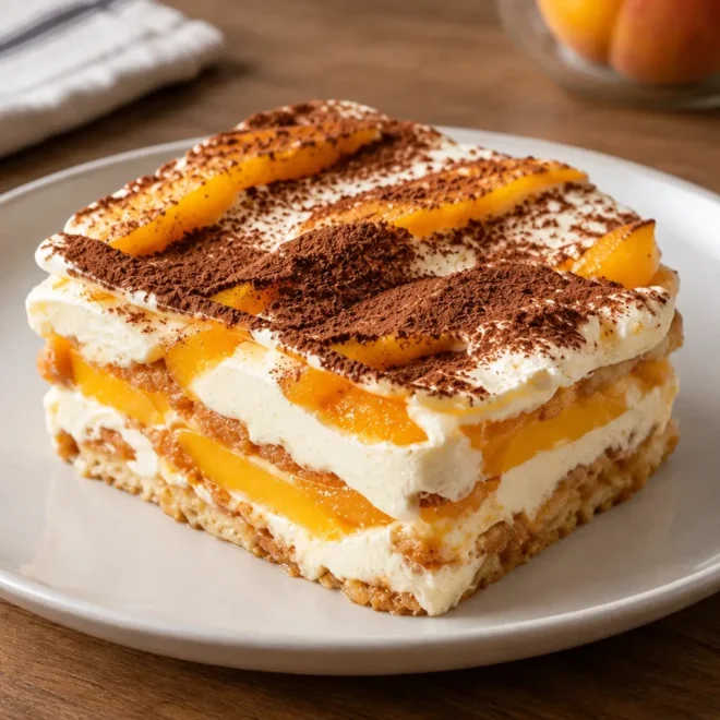 Tiramisu aux pêches, crémeux et fruité à souhait
