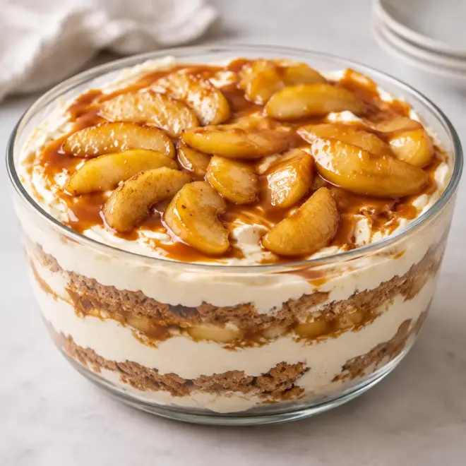 Tiramisu aux pommes et au caramel, crémeux et fondant