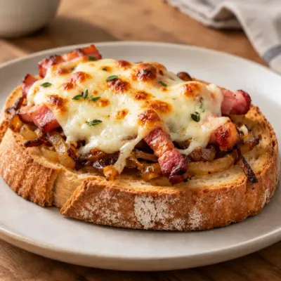 Toast gratiné au bacon et oignons caramélisés