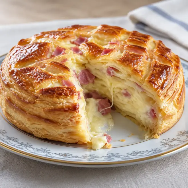 Tourte feuilletée au jambon, recette crémeuse