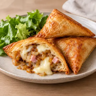 Triangles croustillants : jambon, camembert et oignons