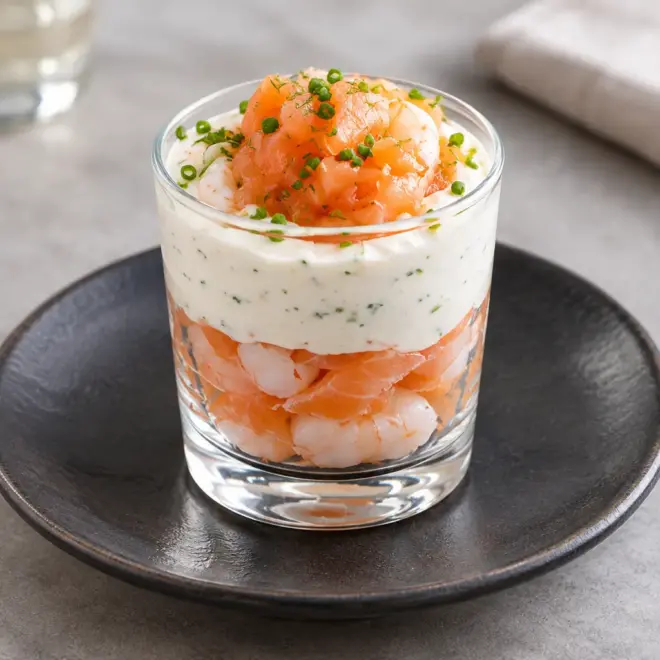 Verrine de crevettes et saumon fumé facile