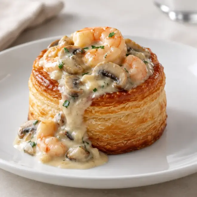 Vol-au-vent aux crevettes, sauce crémeuse et pâte dorée
