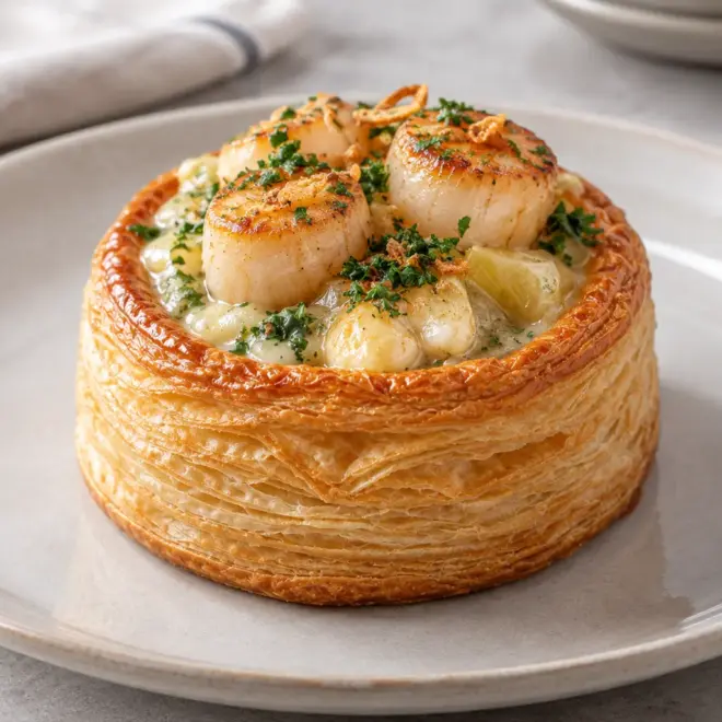 Vol-au-vent aux noix de Saint-Jacques, crémeux et doré