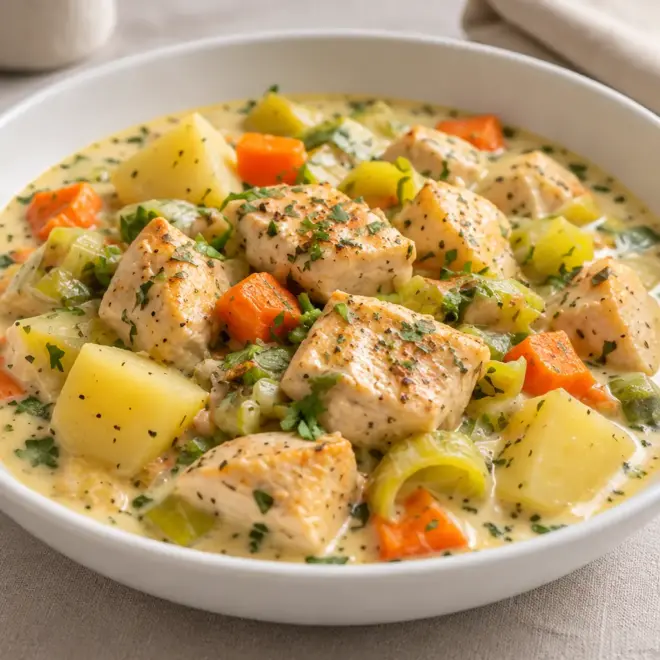 Waterzooi de poulet, sauce crémeuse et légumes fondants
